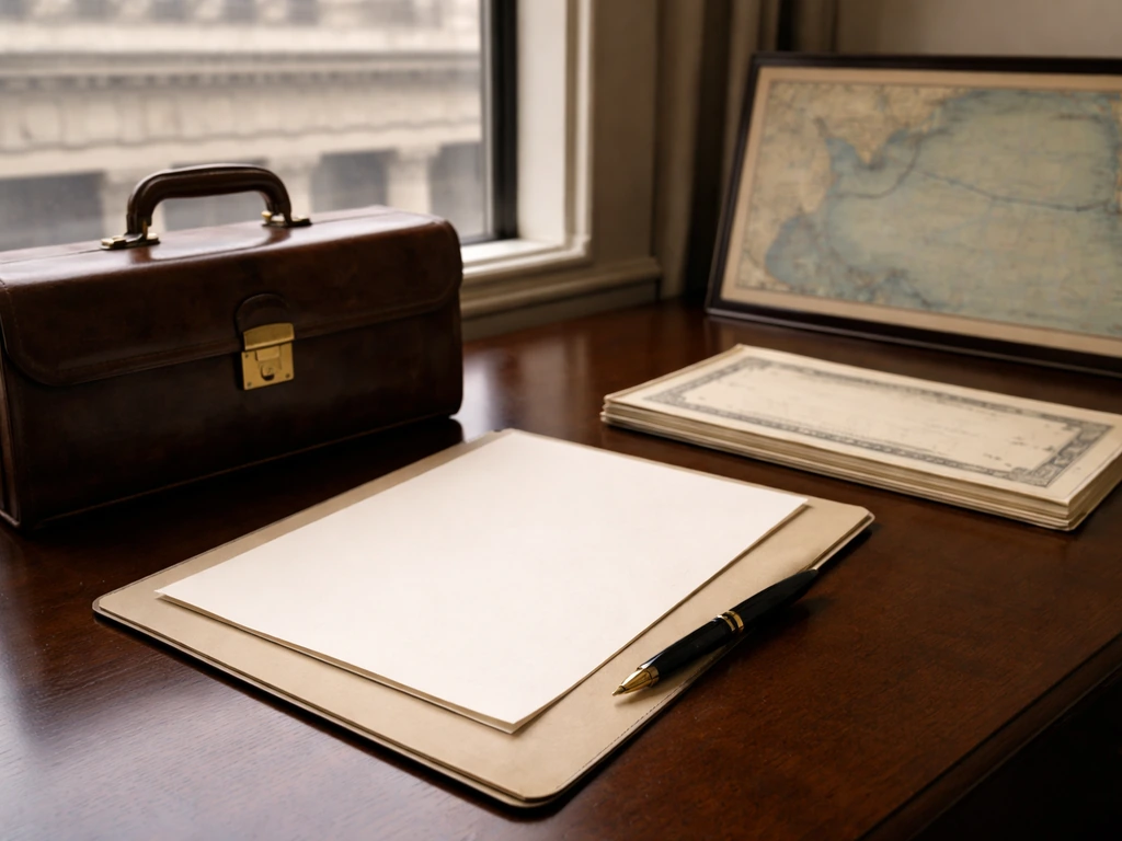 Minimal desk scene with briefcase and vintage financial items beside an out-of-focus old bank building.