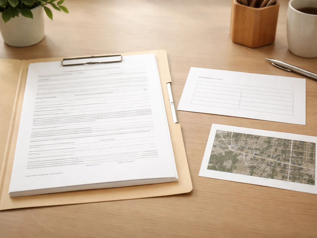 Real estate record mockups on a desk next to a small parcel map thumbnail and blank address card.