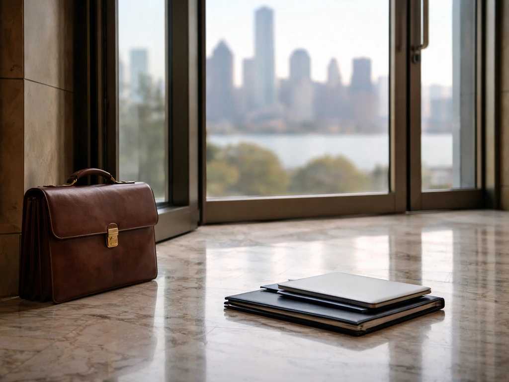 Minimal luxury office scene with a leather briefcase and business folders near a window skyline.