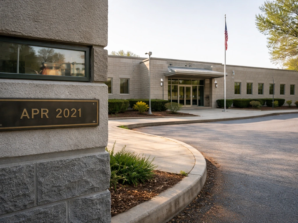 Quiet exterior of a federal medical center building with flagpole and driveway, no people present.