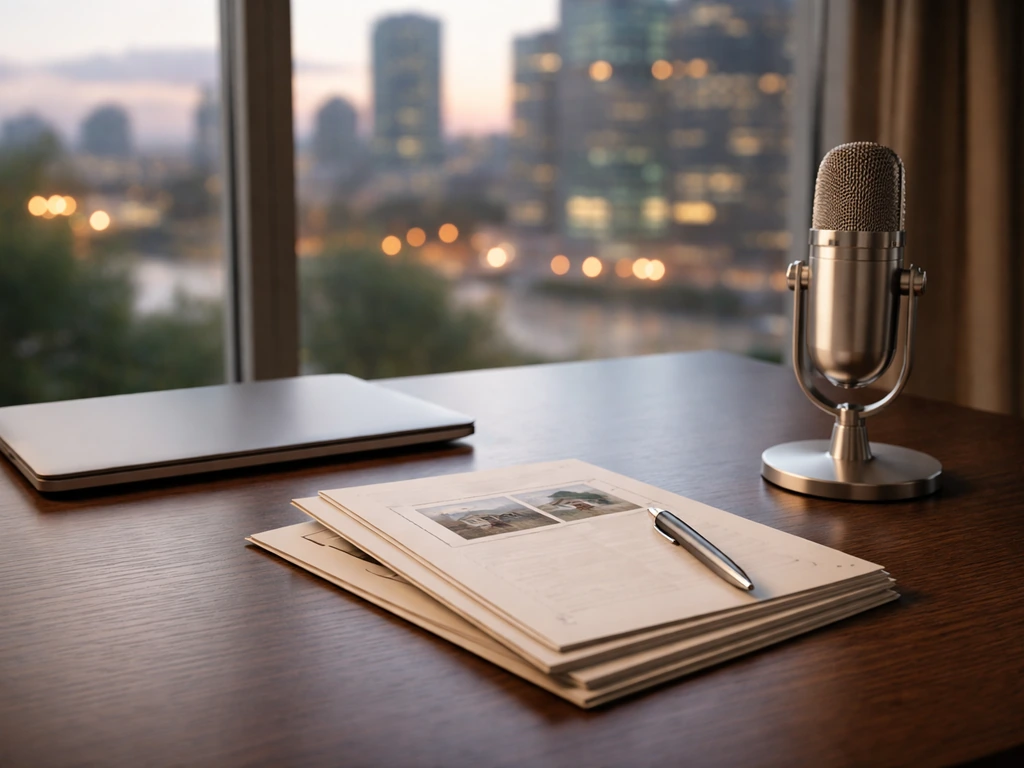 Empty luxury office desk with laptop, microphone, and blurred city skyline suggesting real estate and wealth.