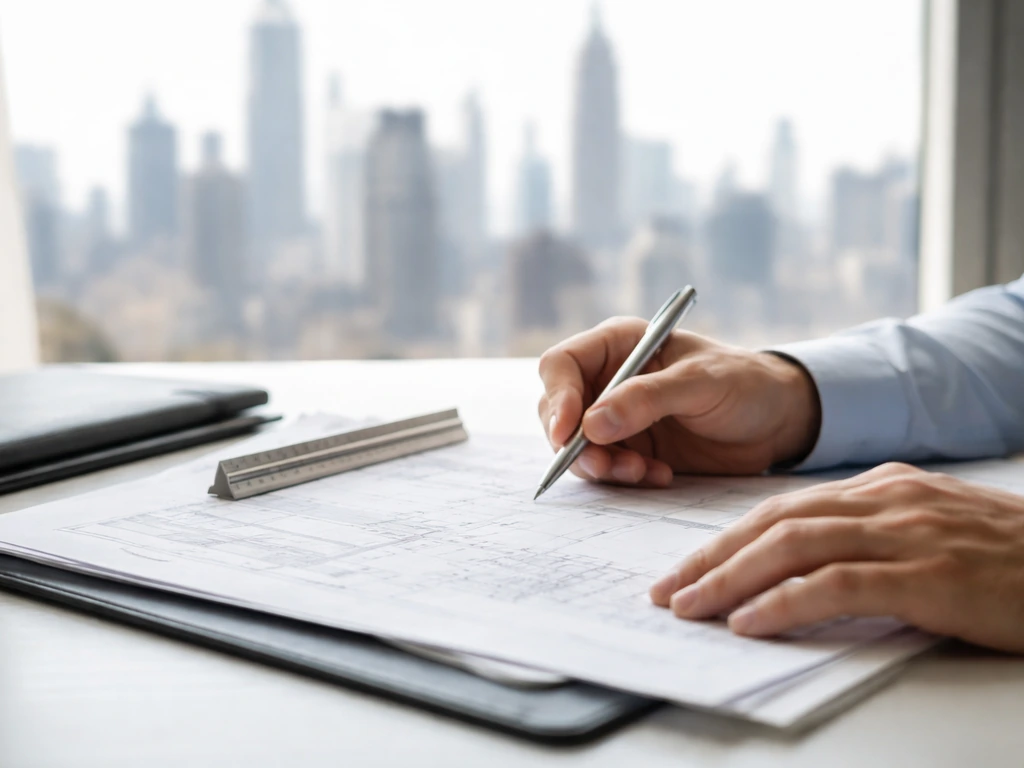 Real estate developer at desk reviewing property documents with a New York-style skyline backdrop.