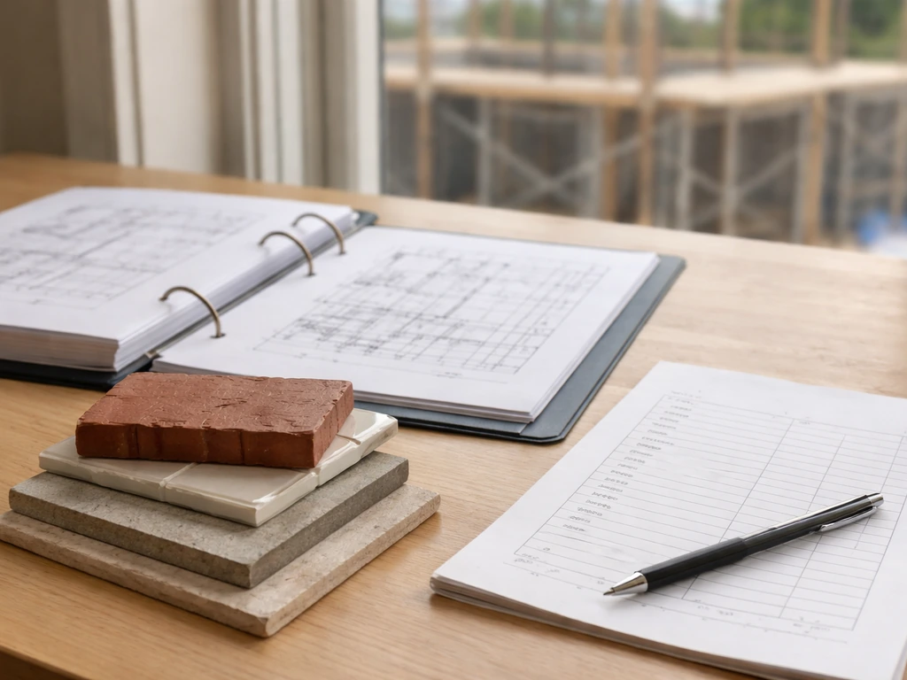Construction materials and blank finance pages on a desk near an unfinished building frame.