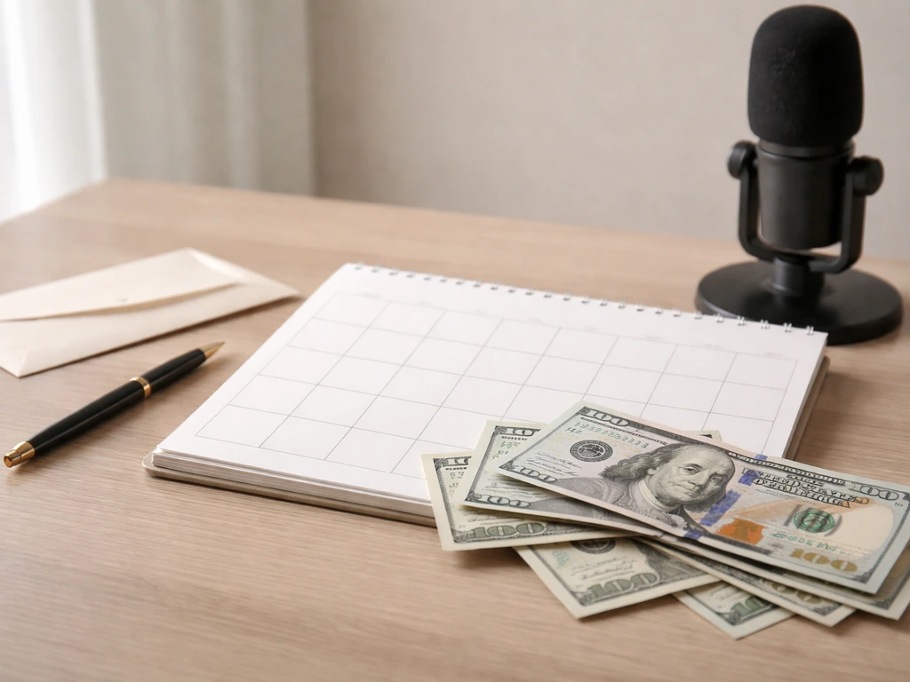 Minimal photo of a calendar and scattered dollar bills beside a blurred media microphone, symbolizing changing estimates