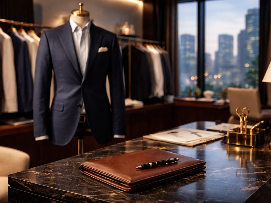 Luxury fashion office desk with a tailored blazer and elegant clothing racks in soft natural light.