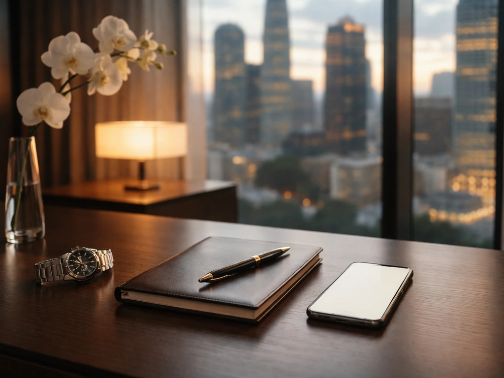 Minimal luxury office desk with watch and notebook, warm city window light, no people.