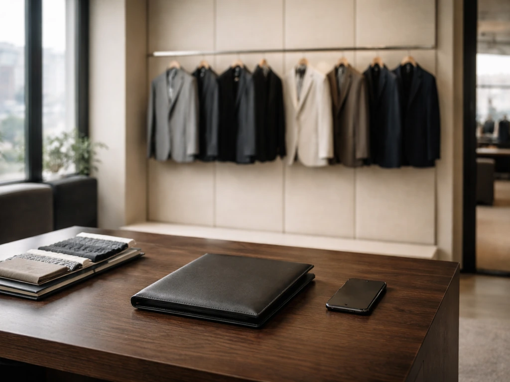 Luxury menswear showroom desk with leather portfolio and fabric swatches, symbolizing income from brand leadership.