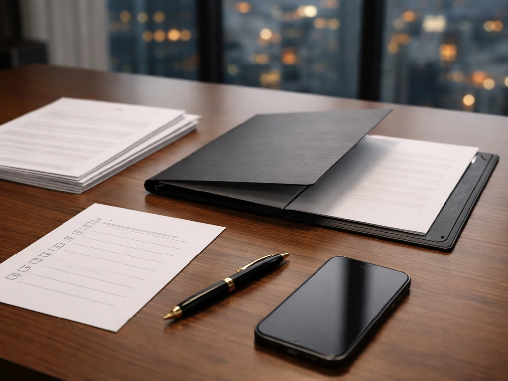 Luxury office desk with an open annual report and a checklist beside a pen and credit card-like item