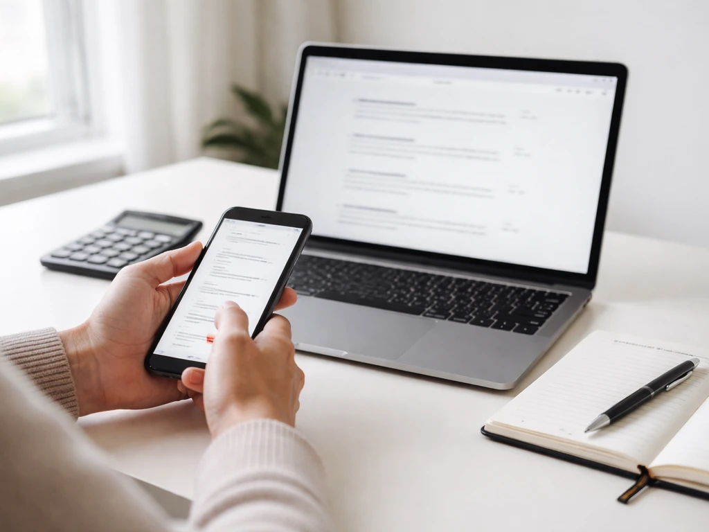 Hands verifying finance info on a laptop with blurred search results and a calculator on a desk.