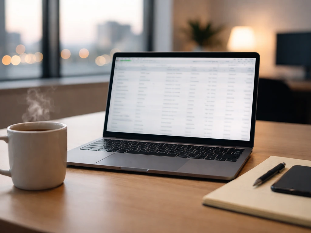 Laptop on a desk with blurred financial spreadsheet, pad and coffee mug in a bright office.