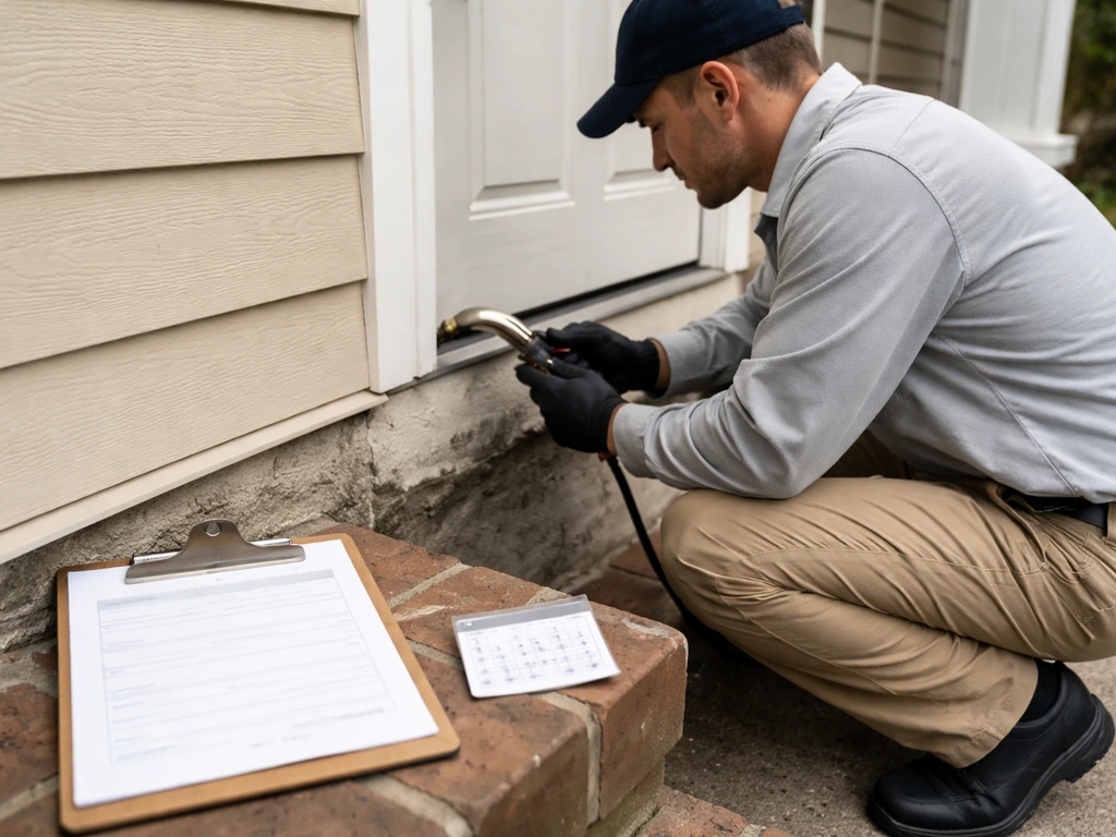 Pest-control technician servicing a home while a small clipboard and recurring-service paperwork sit nearby