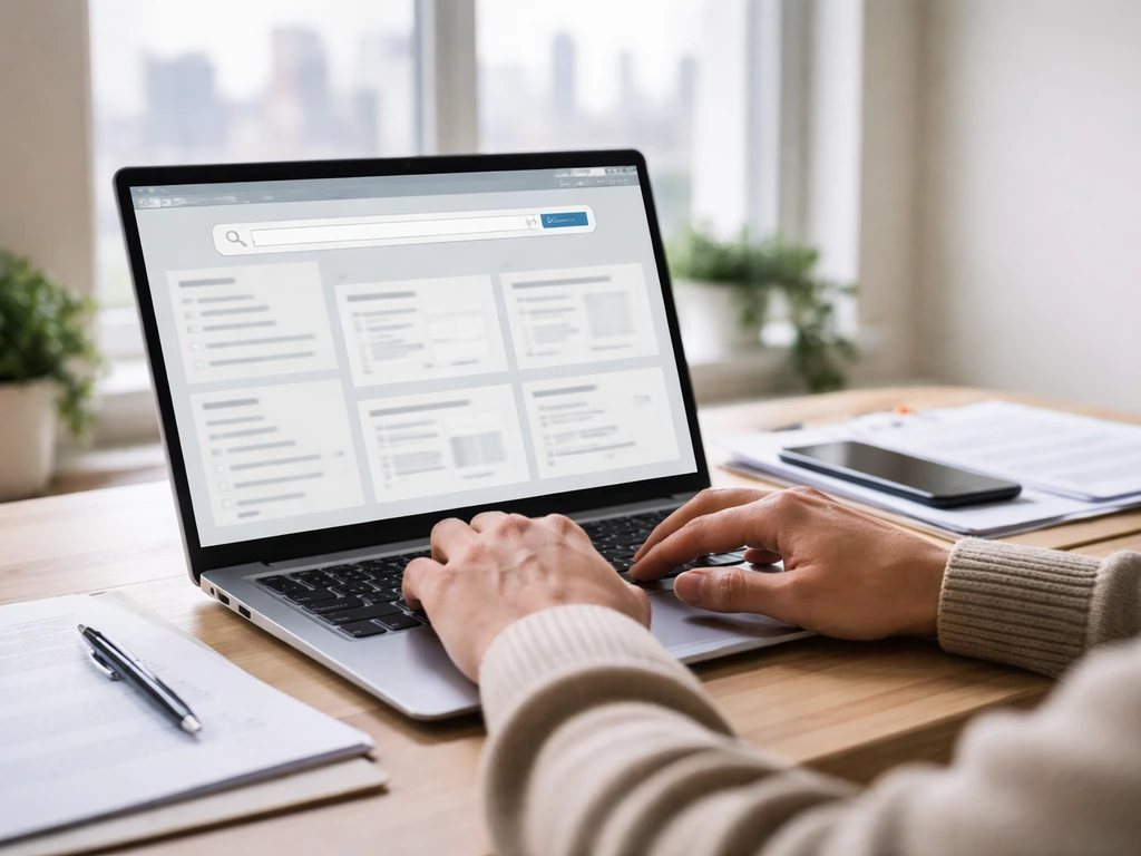 Anonymous hands typing on a laptop with a generic public-records explorer interface for verification work.