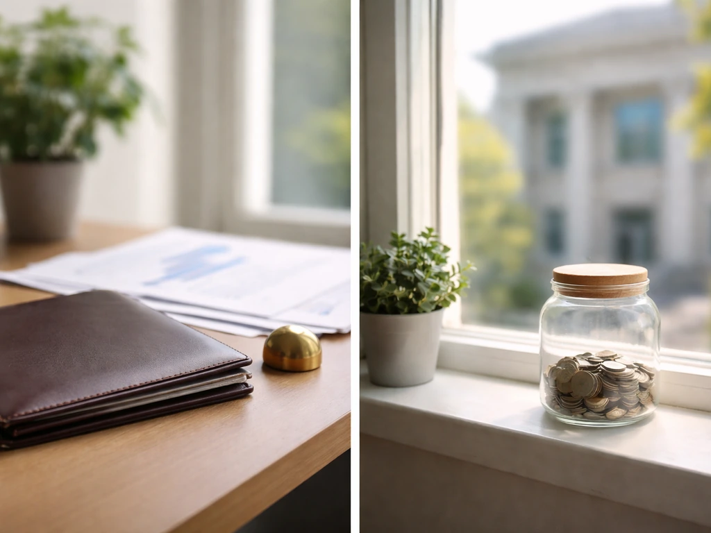 Split office-and-windowsill scene contrasting personal finance with a foundation-style giving context.
