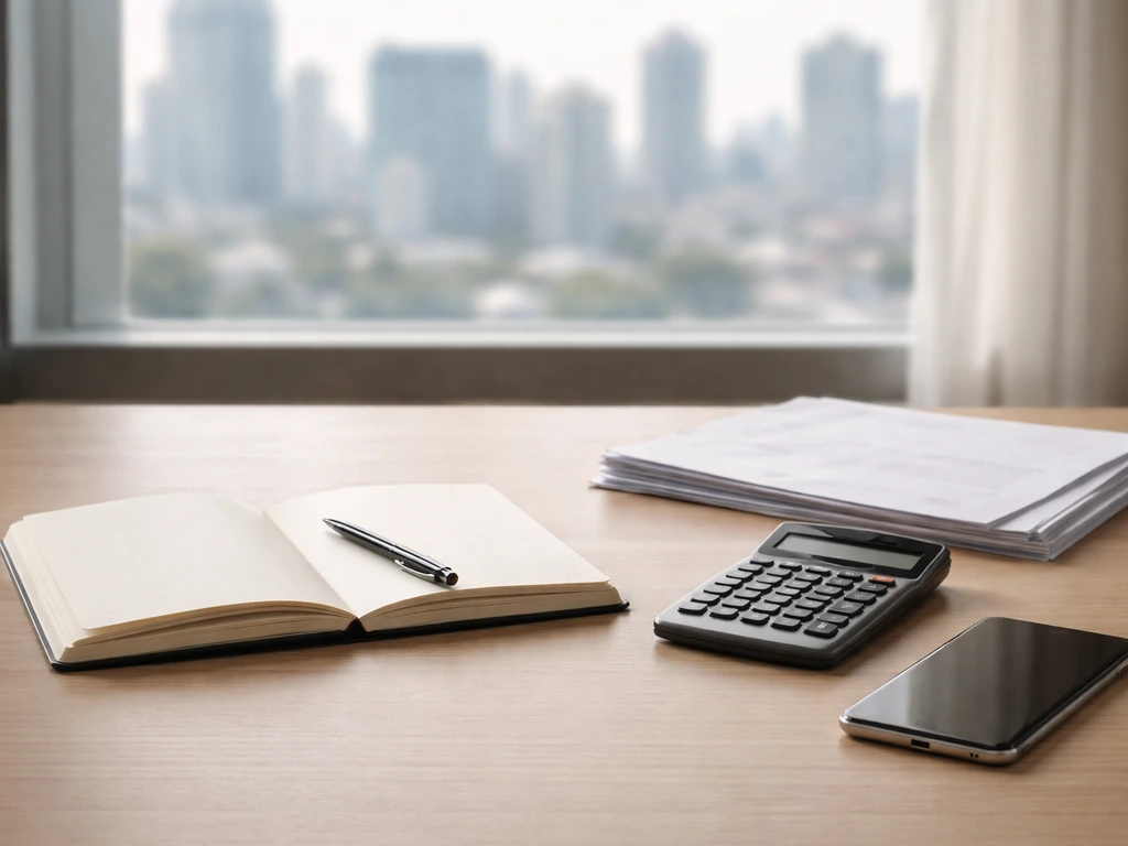 Minimal photo of an analyst desk with calculator, papers, and a blurred city view symbolizing public net-worth calculati