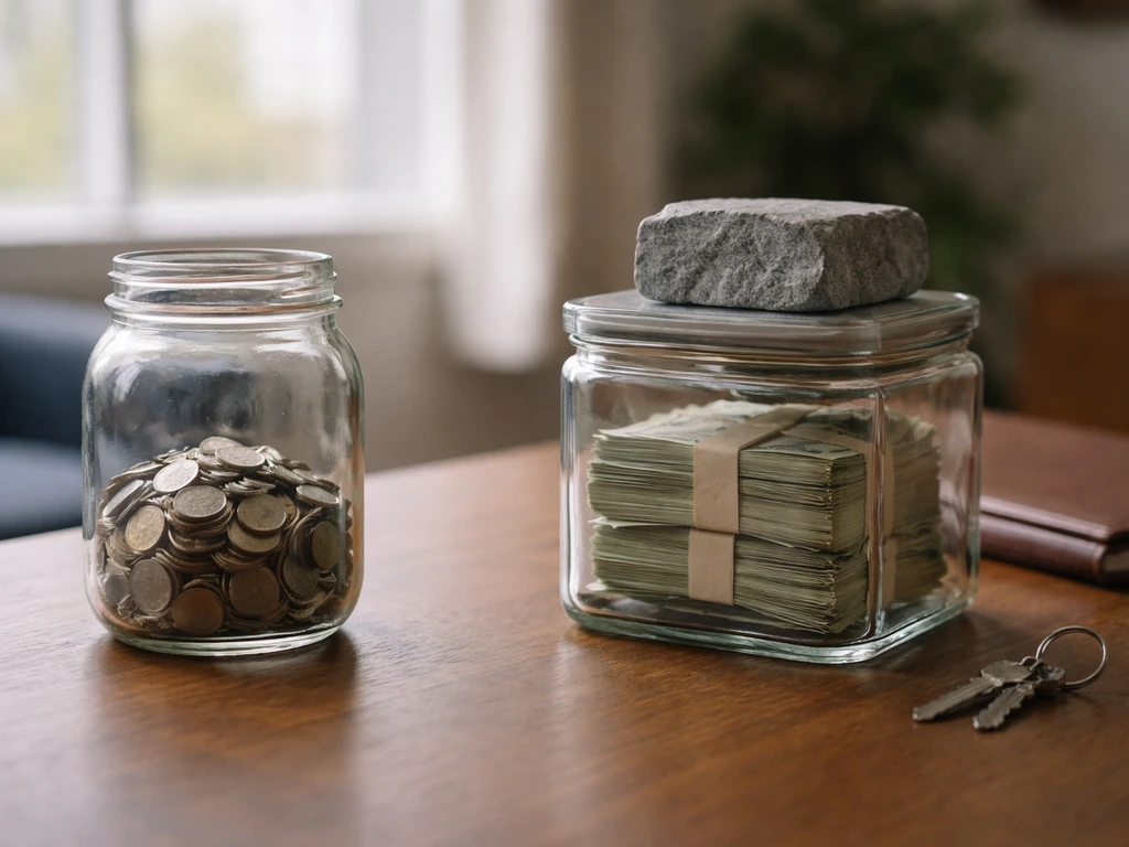 Minimal office desk with coins in one jar and a sealed weighted container suggesting foundation-held assets.