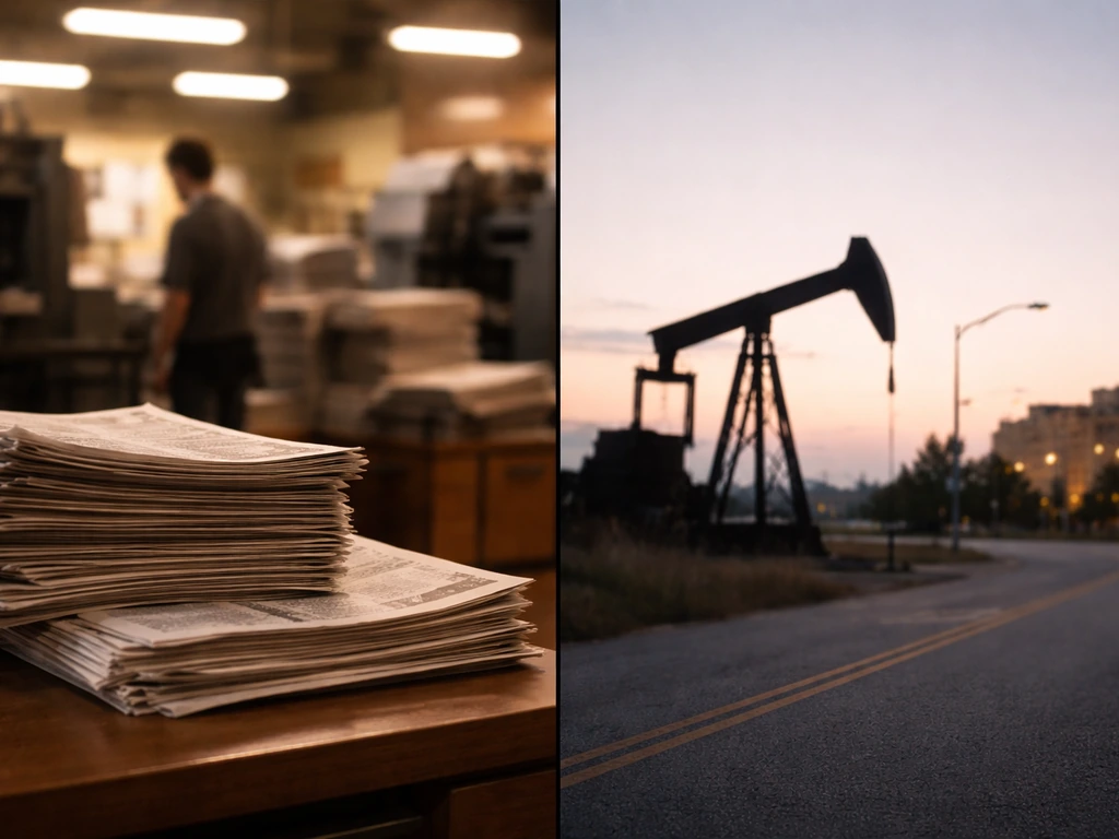 Split image: newsroom and newspaper printing on one side, oil pumpjack and civic buildings at dusk on the other.