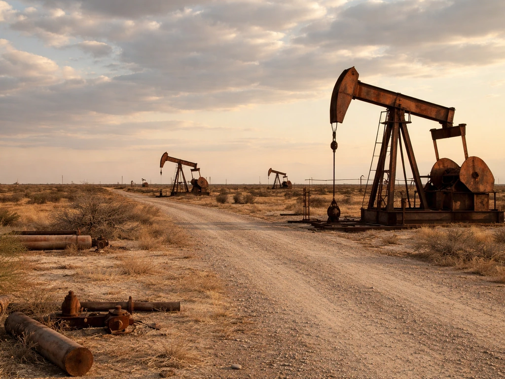 Old West Texas oil pumping equipment in an open field under a dramatic sky.