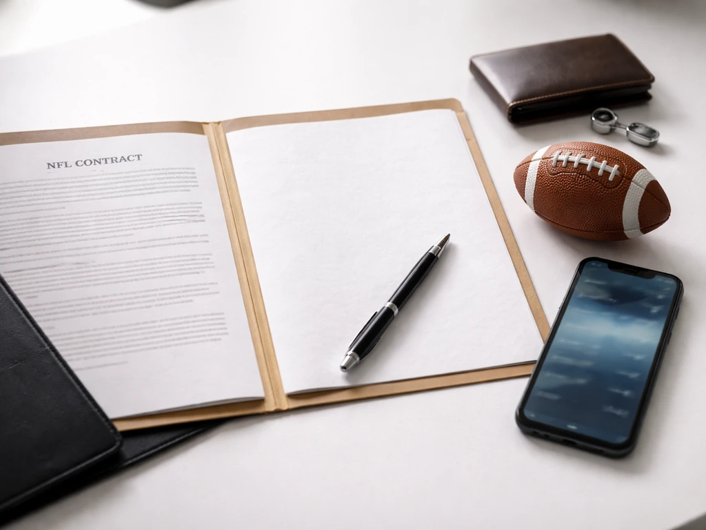 A football on a desk beside a generic contract folder and blurred phone screen, symbolizing shifting net worth.