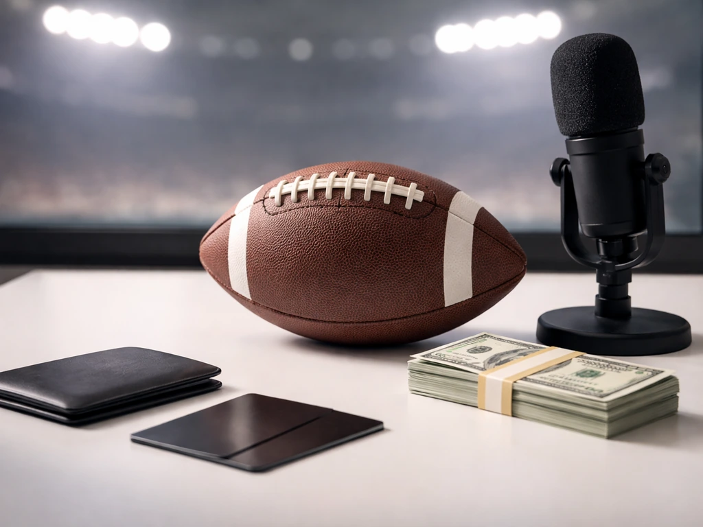 NFL-style football and a small stack of premium cash on a desk beside a microphone, symbolic of contract and endorsement