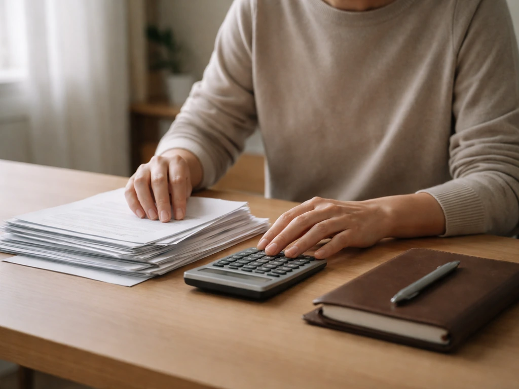 Person in a quiet office organizing papers and a calculator, symbolizing what’s included in family net worth.