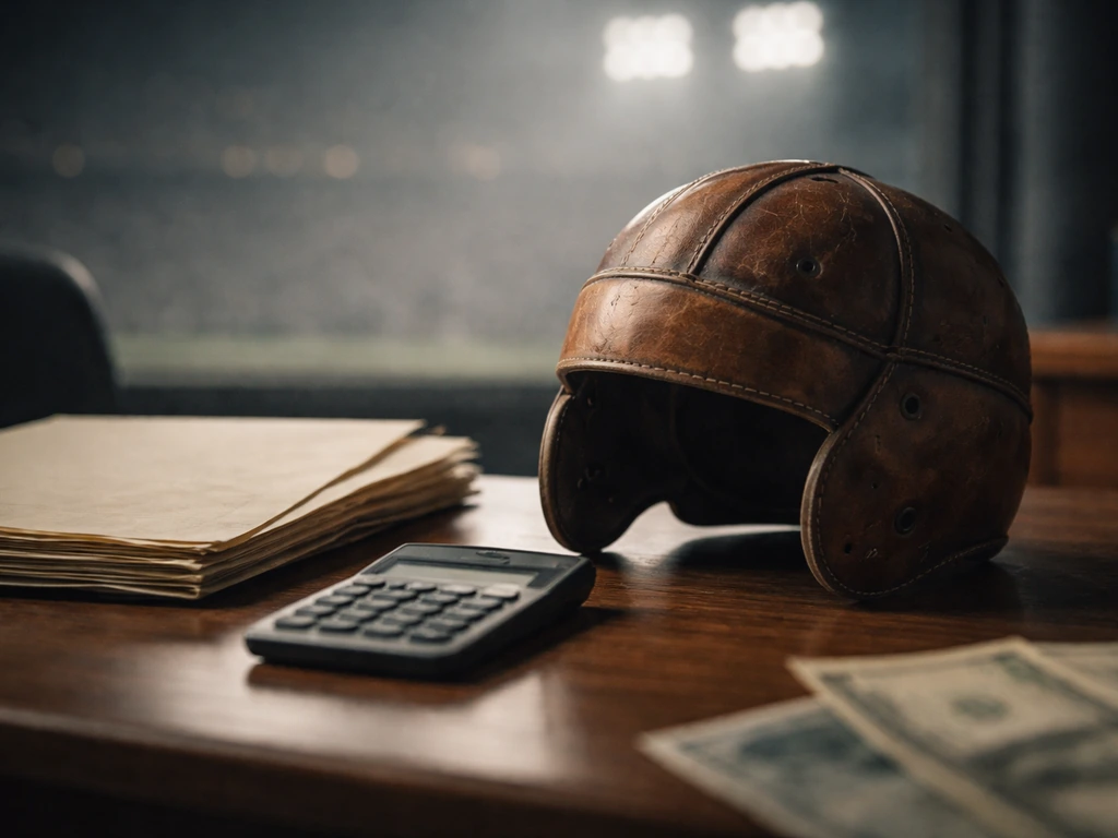 Dramatic sports-archive scene with vintage NFL helmet and a calculator on a desk, suggesting net worth estimation