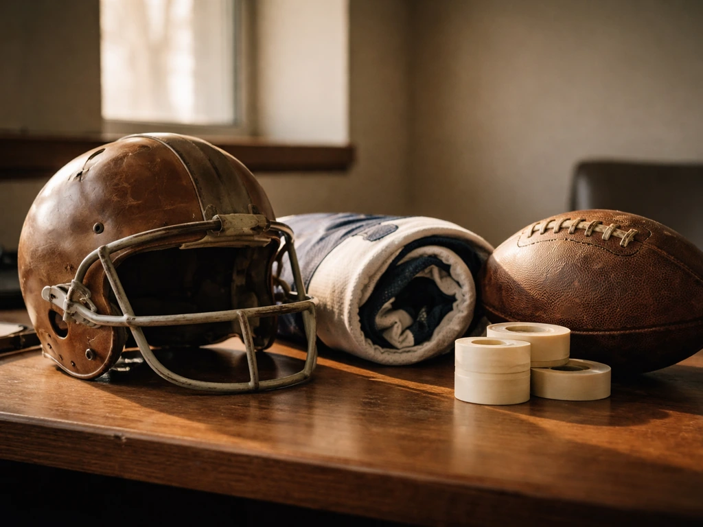Vintage football-era defensive tackle memorabilia displayed in a dim sports office with warm desk lighting