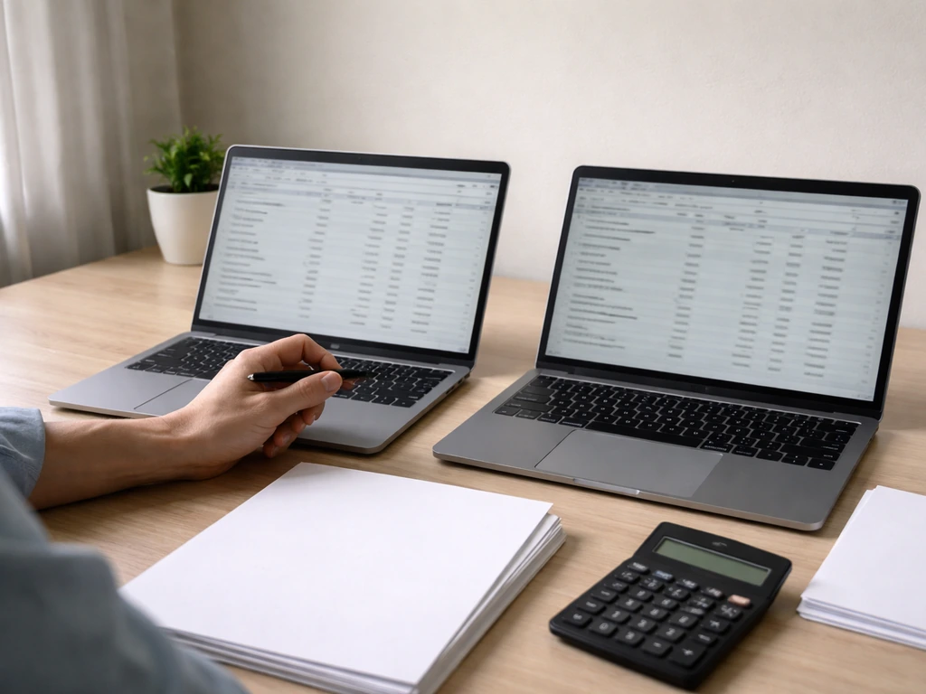 Anonymous analyst at a desk choosing between two financial spreadsheets, illustrating differing assumptions