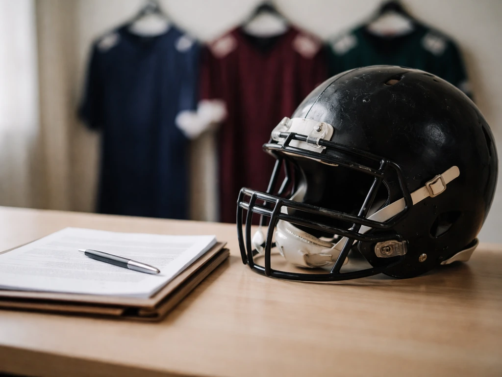 NFL team draft-day contract pages beside a football helmet on a desk, symbolizing career earnings research