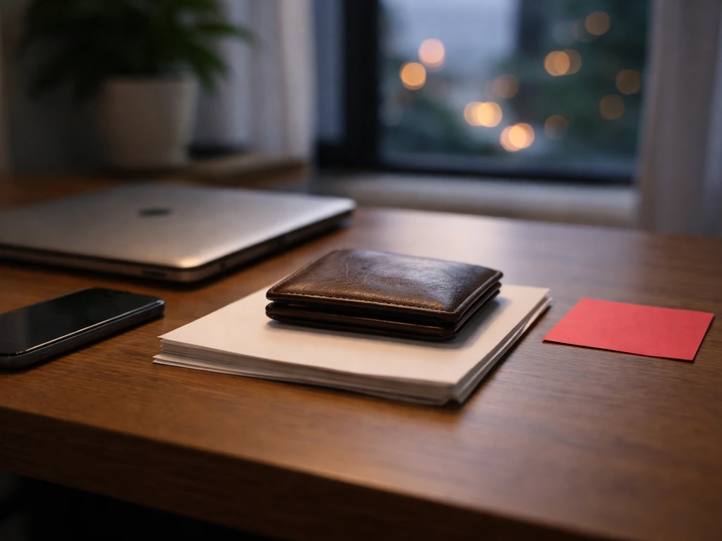 Minimal home office desk with wallet and blank papers, hinting at unreliable financial claims.