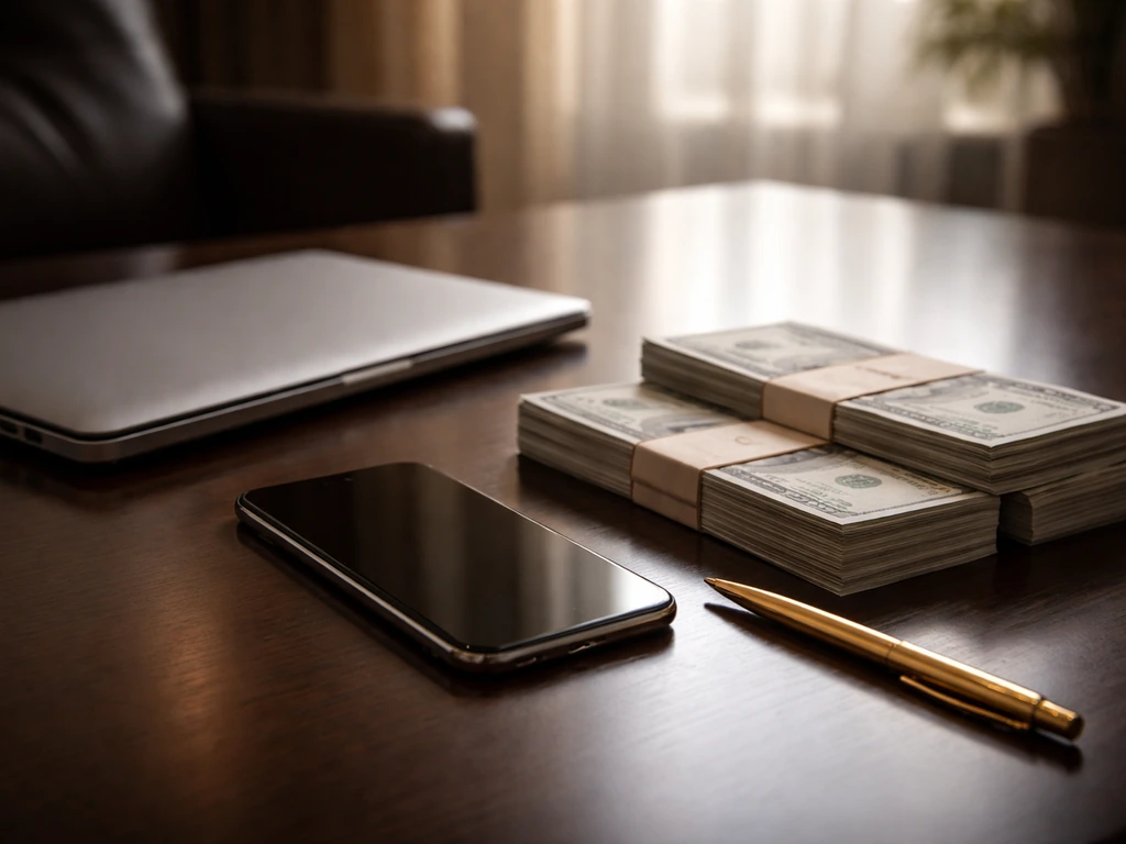 Minimal desk scene with a smartphone and cash, suggesting a wide net-worth estimate range