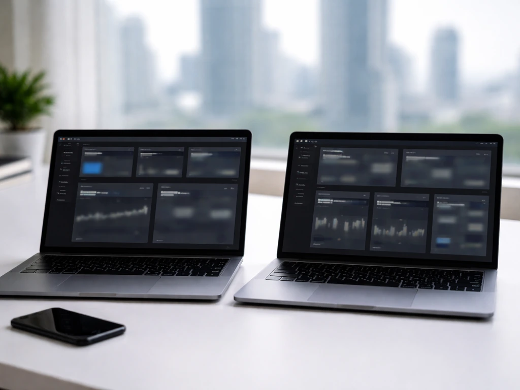 Two laptops on a desk with abstract finance dashboards, suggesting different net worth figures and data cutoffs.