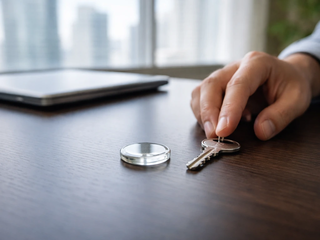 Hands on a dark wooden desk with a small key and glass token, modern office window blurred behind.