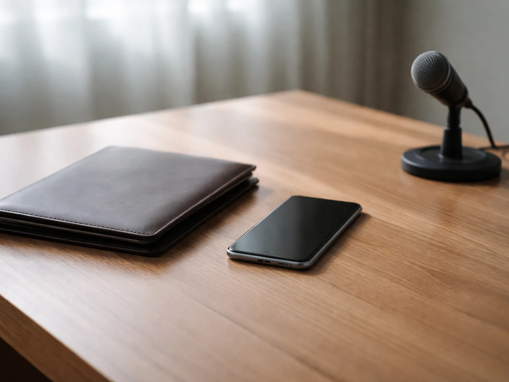 Minimal desk scene with a smartphone, a closed portfolio, and a microphone symbolizing net worth vs media reporting