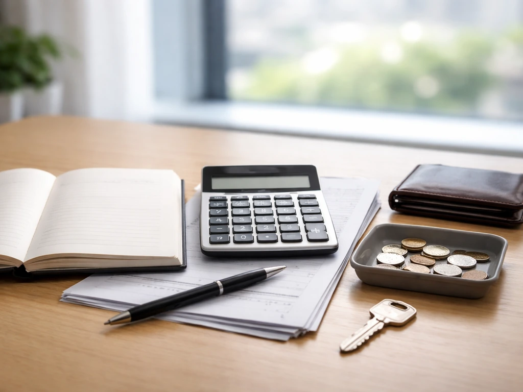 Minimal desk scene with notebook and calculator showing financial inputs for a net worth estimate