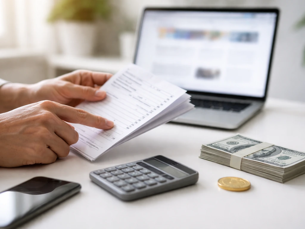Close-up of hands reviewing documents near a laptop, with a calculator and a small stack of cash in view