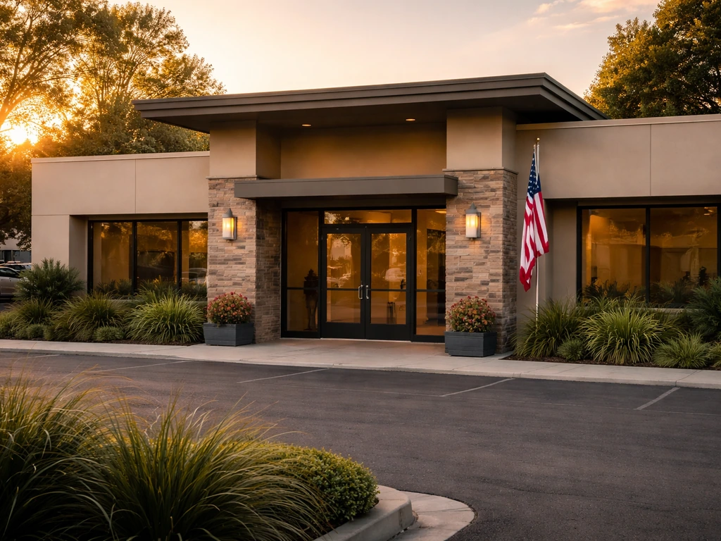 Exterior of a modern California law office in Westlake Village, entrance centered in natural golden light.