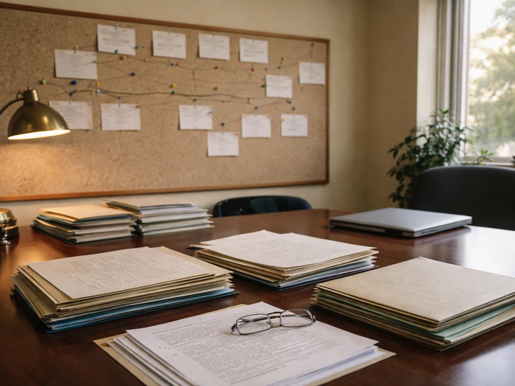 Minimal Westlake Village-style law office desk with legal folders and a case timeline board, office realism.