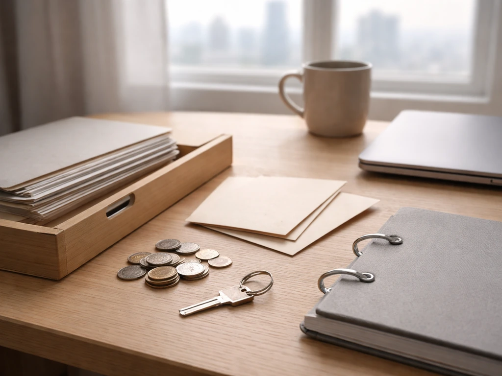 Minimal desk scene with envelopes, coins, and a small laptop showing generic finance folder—no text.