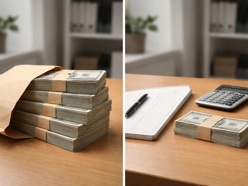 Minimal split scene showing client settlement money vs personal take-home concept with no text