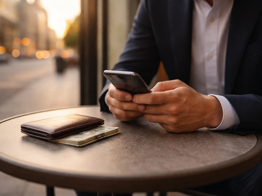 Anonymous business professional at a city window with a smartphone and cash-like prop, suggesting net worth discussion