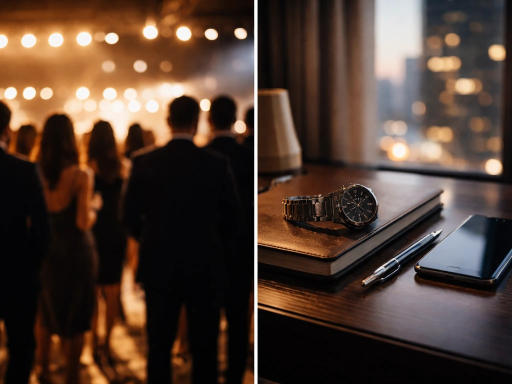 Split-screen style: anonymous event crowd ambiance and a luxury office desk symbolizing two wealth ranges.