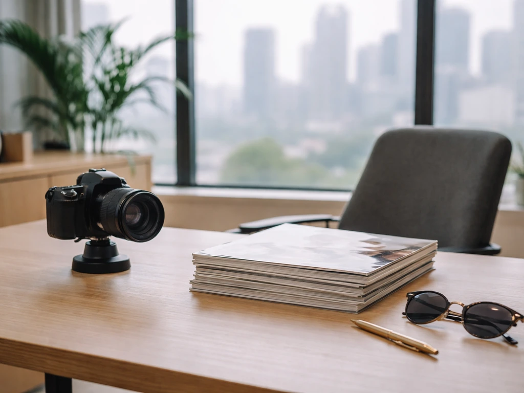 Sunlit media office desk with a magazine-style camera setup and subtle luxury cues, evoking a swimsuit editor’s world