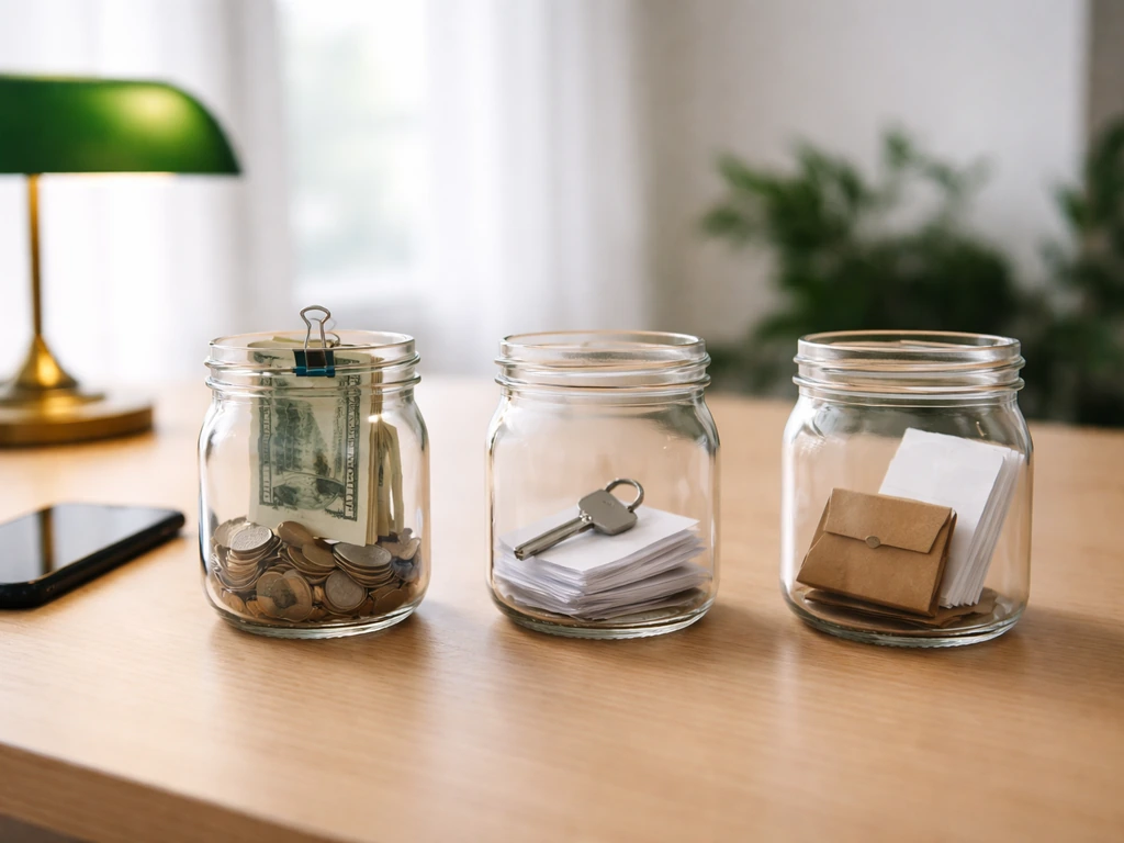 Three unlabeled jars on a desk symbolizing income, assets, and liabilities for a net-worth estimate.