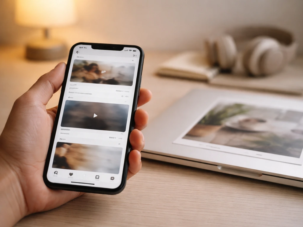 Close-up of a smartphone and laptop showing social media content cards and digital monetization vibe