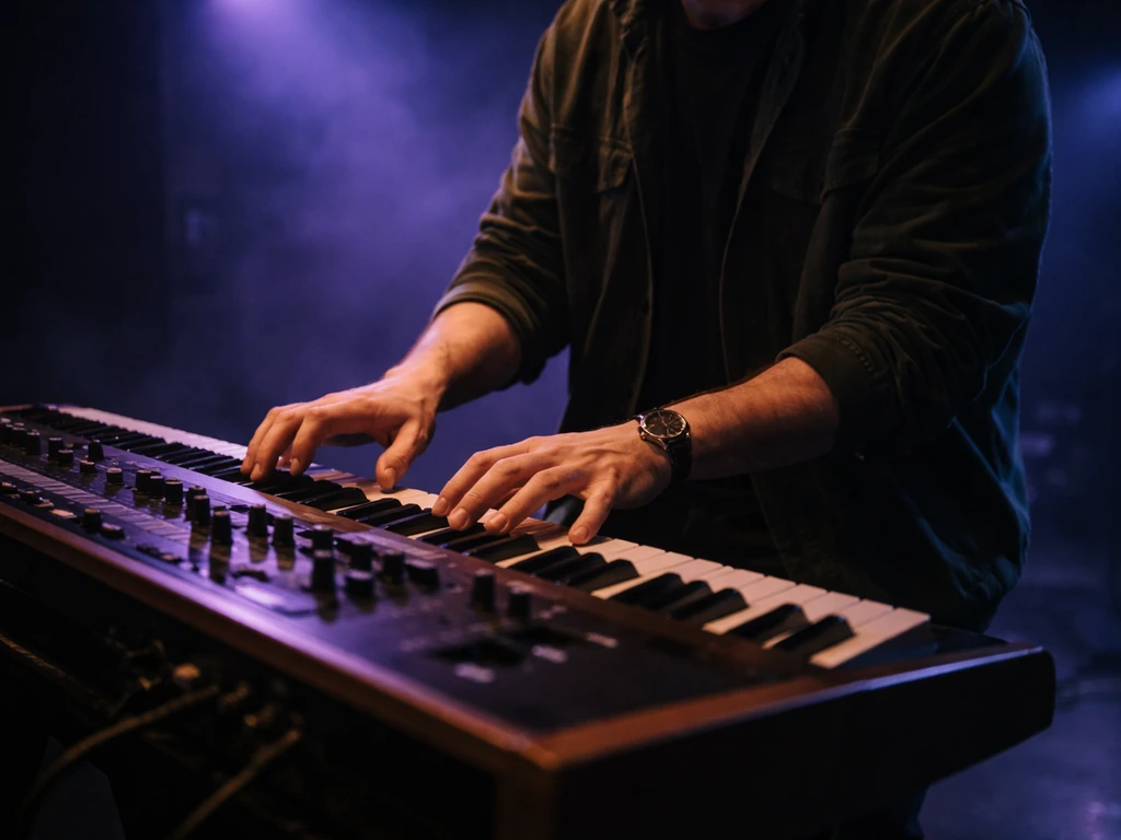 Musician playing a keyboard on stage with moody lights, evoking an ’80s synth-pop band vibe.