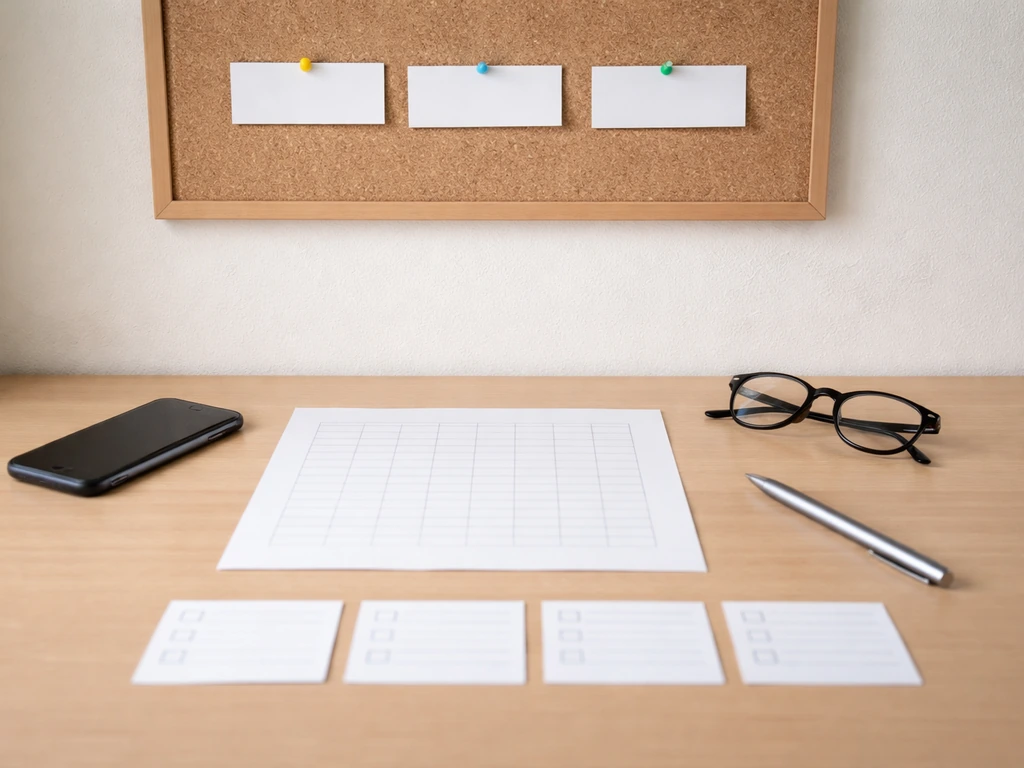 Minimal home-office desk with corkboard timeline cards and blank spreadsheet grid papers for estimating royalties.