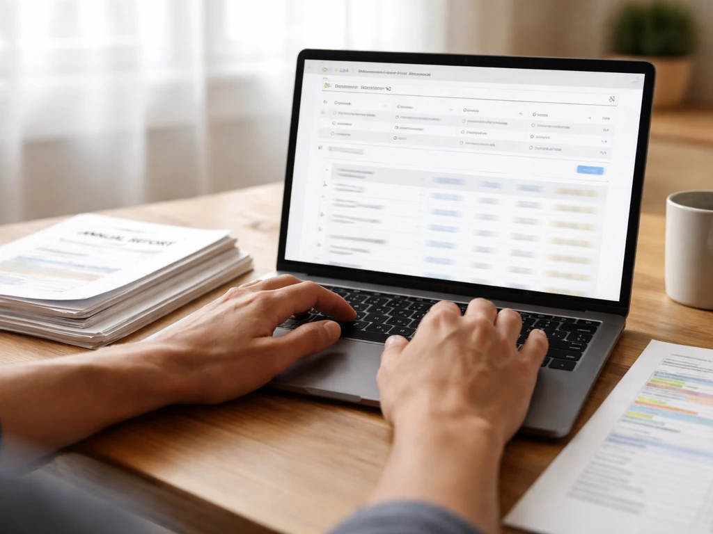 Person researching reliable company financial data at a desk with laptop and annual report documents.