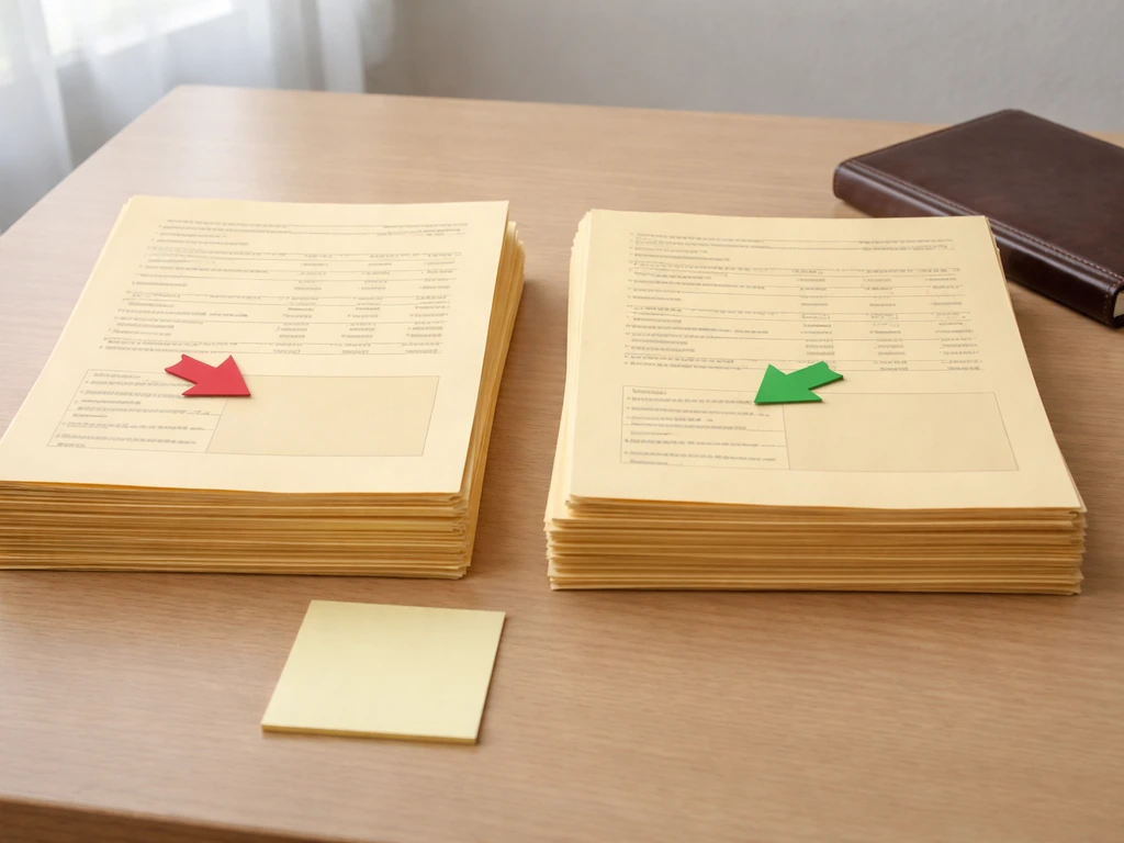 Minimal desk scene with scattered finance papers showing two contrasting financial concepts with arrows