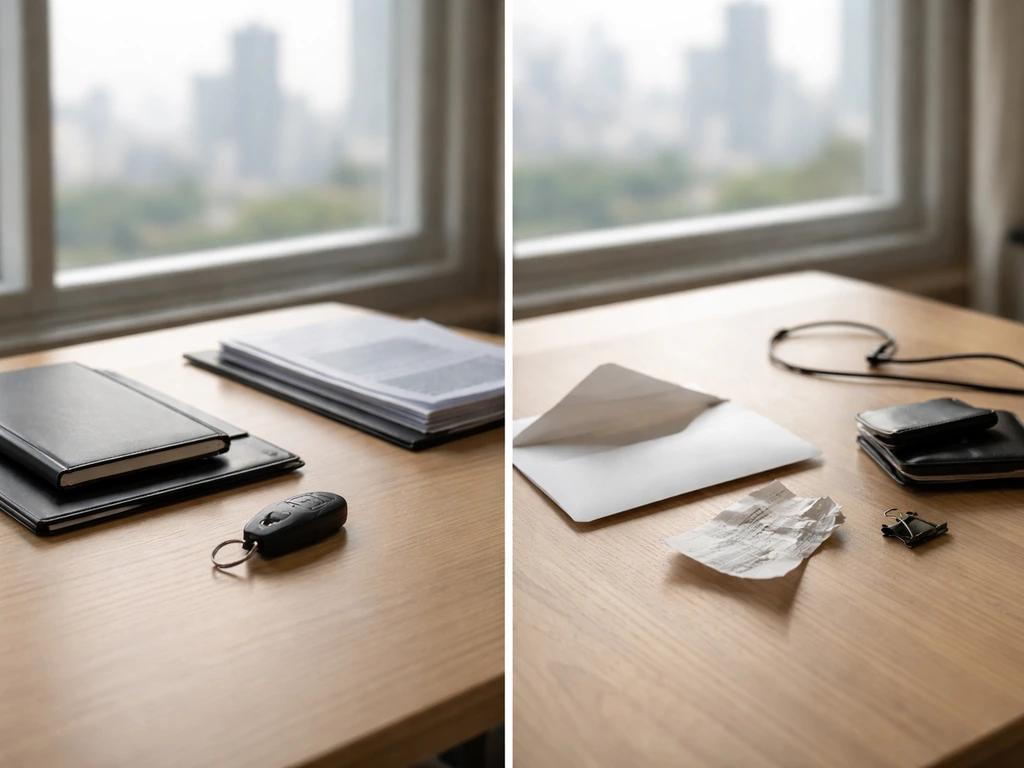 Minimal split scene: tidy asset objects on one side and scattered liability items on the other