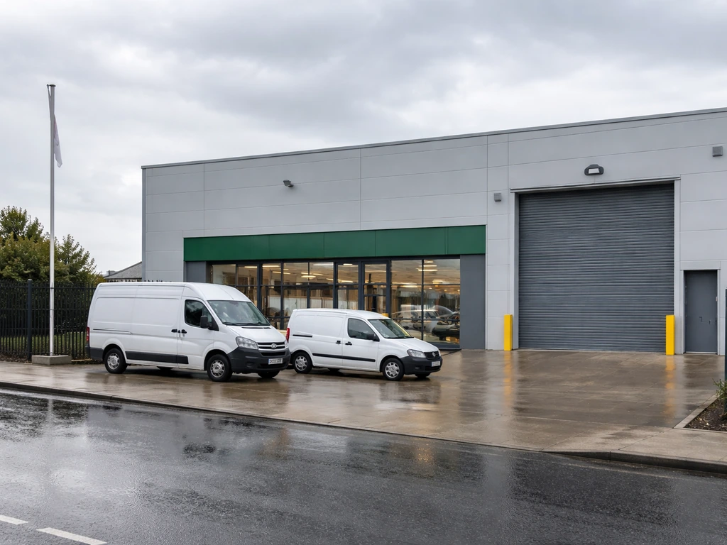 Minimal Irish warehouse storefront with loading bay and parked delivery vans, no people, natural daylight.